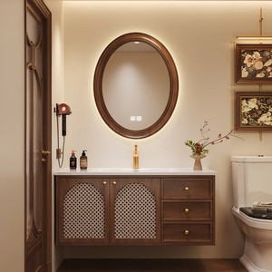 Luxury retro ceramic integrated bathroom vanity unit with washbasin and smart <b>mirror</b> cabinet - Product Image 1