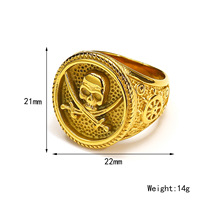 Cincin Signet Tengkorak Bajak Laut dengan Pedang Silang, Perhiasan Jari Fashion Hip Hop Berlapis Emas dari Baja Tahan Karat.