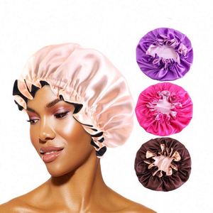 Bonnet de nuit unisexe en satin soyeux à double couche avec logo personnalisé, bord ondulé, ajustable, toutes saisons, vente en gros - Product Image 1