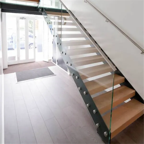 Straight staircase design with solid wood treads or laminated glass treads indoor used