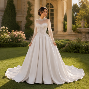 <span class=keywords><strong>Abito</strong></span> <span class=keywords><strong>da</strong></span> sposa Jancember 261036 minimalista in raso con perle, collo alto, linea ad A e corsetto - Product Image 1