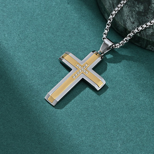 Unisex Black Gold Two-tone Stainless Steel Punk Zircon CZ Stones Geometric Cross Pendant Dainty Chain <strong>Necklace</strong> For Men - Product Image 3