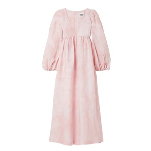 2026 été musulman élégant dame lanterne manches col en v à lacets dos Maxi dames longues femmes Peplum Vestidos décontracté 100% robe en lin - Product Image 4