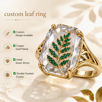 Bague rectangulaire personnalisée plaquée or avec feuille d'olivier verte en CZ et cristal, motif filigrane, bijoux botaniques OEM pour marques de bijoux