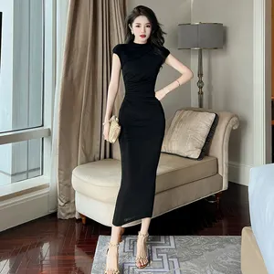 Zyht 30483 nhà sản xuất thiết kế phụ nữ thanh lịch may làm màu đen tím đỏ Maxi Dress xếp li giản dị hip bọc dài ăn mặc