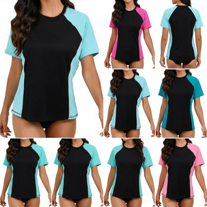 Custom Womens Short Sleeve Rash Guard Two Tone Palm Graphic Crewneck UPF 50+ <b>Swim</b> <b>Shirt</b> Wholesale Bulk - Product Image 1