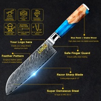 Couteau Santoku SkyCook, best-seller, manche en résine et bois, 7 pouces, acier Damas, couteau de cuisine japonais pour restaurant