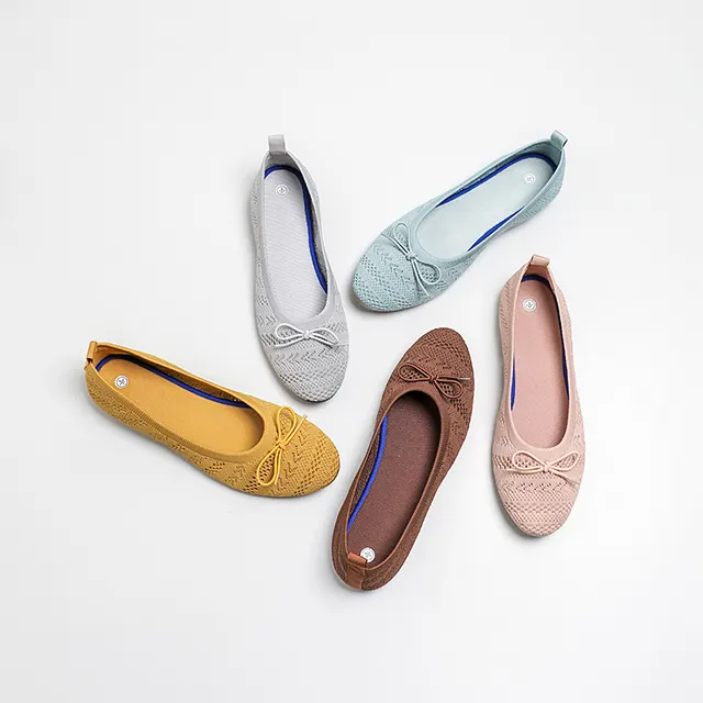 Wholesale Custom Multicolor Breathable Lightweight Comfortable Rubber Solewomen Office Shoes Knit Flats Shoes Ladies