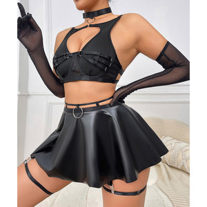 Set Lingerie Cosplay Kulit PU Rok Harness Berlubang Pakaian Intim - Product Image 3