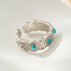 Wide Openwork Mesh Turquoise Ring Brass Alloy Retro Ethnic Style Adjustable Exquisite Jewelry - Product Image 4