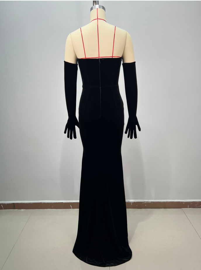 Ed2767 Women's Strapless Velvet Evening Dress with Crystal Decoration Floor-Length Party Gown for All Seasons Anti-Static and Washable