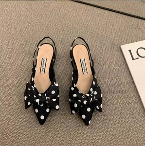 Nouvelles sandales plates de luxe à talon épais et nœud papillon, bout fermé, pour femme, printemps-été, à pois noirs, talons bas - Product Image 4