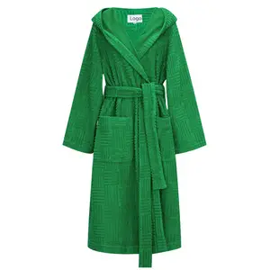 Bata de algodón de primera calidad para mujer, bata de baño para mujer, batas de manga larga para ducha, bata de toalla texturizada verde de diseñador para playa