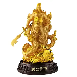 Vente en gros Statues de bouddha en résine sable doré Sculpture en bois Guan Di Guan Yu Statue de bouddha Décoration intérieure