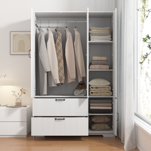 [US Stock] 4 Doors Wooden <strong>Wardrobe</strong> Storage Cabinet <strong>With</strong> Hanging Rod <strong>and</strong> Adjustable <strong>Shelves</strong> Fast Shipping From US MOQ 1 - Product Image 3