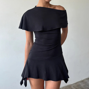 Elegant Chic Slim Fit Solid Color Dress with Detachable Cape – Asymmetrical Off-Shoulder Sweater Dress for Women - Product Image 1