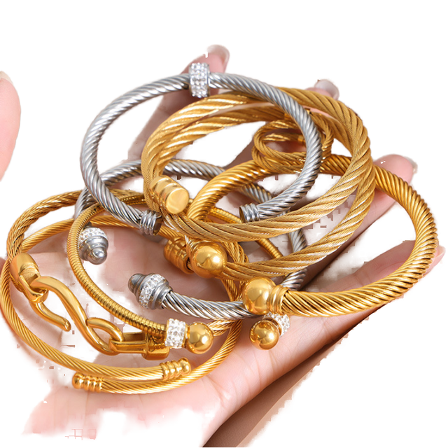 Unisex Gold Plated Stainless Steel Twisted Wire Cuff Bracelet Luxury Hip Hop Style Personalized Threaded Fashionable Bangle