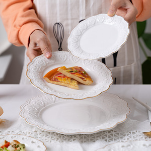 Embossed Hollow Ceramic Dinner Plate Gold Rim Breakfast <b>Pasta</b> Dessert Bread Fruit Serving Tray Restaurant Dinnerware 20Pcs - Product Image 5