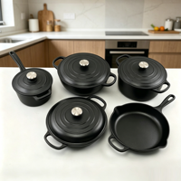 Ensemble de batterie de cuisine en fonte émaillée LFGB FDA, 5 pièces : cocotte, poêle, casserole, faitout, compatible induction