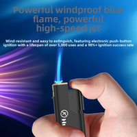 Briquet à flamme jet anti-explosion et coupe-vent, 1300 ° Briquet d'extérieur minimaliste rechargeable en métal et silicone épaissi C Blue Flame avec logo