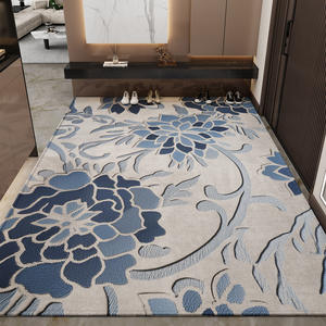 Tapis d'entrée floral rectangulaire en fibre de polyester antidérapant pour la maison, motif bleu brocart ciel - Product Image 3