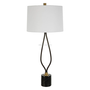 Lampe de table moderne en marbre noir et métal bronze avec abat-jour en lin blanc |   Éclairage contemporain élégant pour chambre d'hôtel - Product Image 1