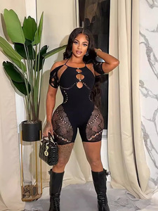 New Women's Solid Color Mesh Hollow Sexy Embedding Slim Fit <b>Knitted</b> Short Sleeve Jumpsuit Women Clothing - Product Image 2