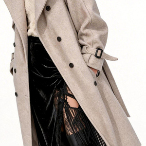 Manteau en laine pour femme - Élégant manteau long d'hiver à double boutonnage avec ceinture, coupe ajustée, couleur avoine - Logo personnalisé - Product Image 4