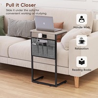 Table basse moderne en forme de C avec station de charge, meubles de salon avec sac de rangement, plateau en MDF, structure en métal