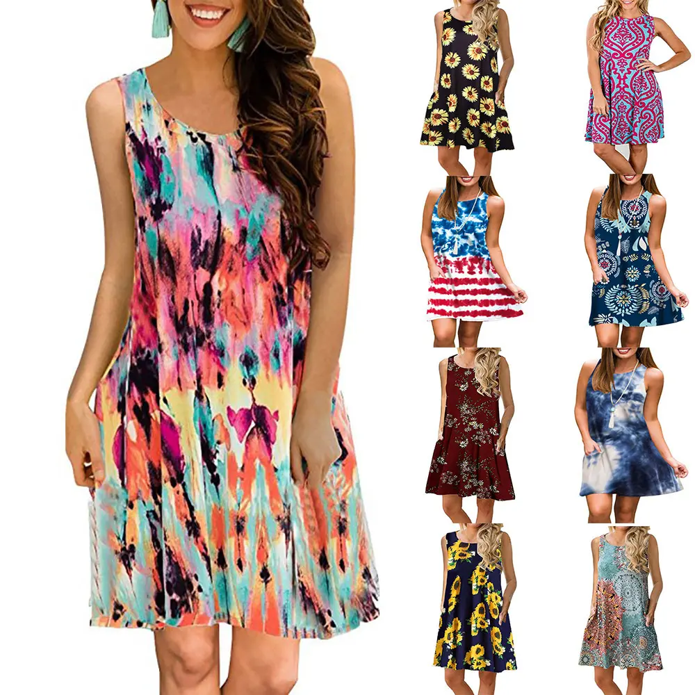 Summer New Arrival Floral Printed Loose Clothes Elegant Sleeveless Women Dresses
