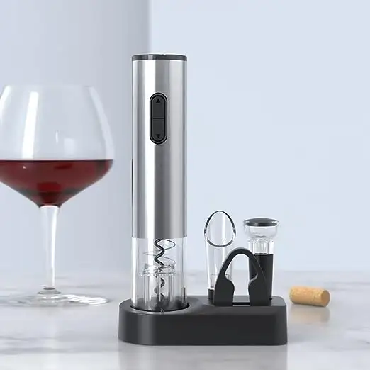 ชุดเปิดขวดไวน์ไฟฟ้าแบบใช้แบตเตอรี่อัตโนมัติพร้อมตัวตัดฟอยล์ฐานพลาสติกที่เทจุกไวน์
