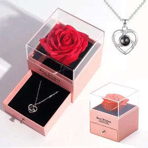Collana con Cuore di Rosa Eterna Reale, <span class=keywords><strong>Fiori</strong></span> Decorativi Quadrati per Regali di San Valentino, Festa della Mamma, Natale in 100 Lingue - Product Image 2