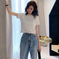 Atasan Crop Wanita Kerah Bulat Gaya Korea Warna Solid Longgar Model Terbaru Musim Panas 2026 Serbaguna Meniruskan Tubuh Lengan Pendek