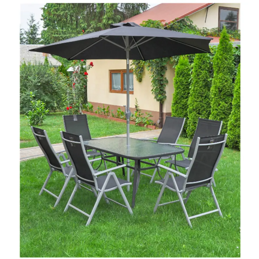 8のBlack Iron Metal Outdoor Furniture All Weather Garden Patio Leisure Stainless Steel Table SetsとUmbrellas