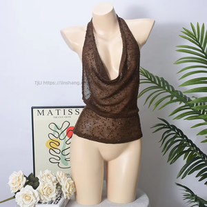 Shiny Deep V Solid Colour Vest Fashion Sexy See Through Swing Neck Halter <b>Top</b> for Women Fashion - Product Image 4