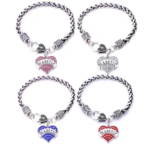 B700004 Fashion Jewelry Hot sale Pave colorful Crystal Heart shape DIABETIC letter wheat link chain Bracelet