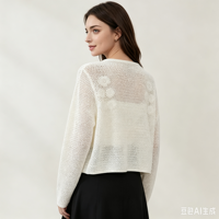 Cardigan blanc ajouré en tricot pour femme, broderie florale, devant ouvert, manches longues, coupe courte, veste décontractée en tricot, pull, manteau