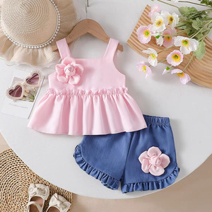 <span class=keywords><strong>Abbigliamento</strong></span> per Bambini all'Ingrosso OEM ODM, Set Estivo in Cotone per Bambina con 2 Pezzi, Top Floreale e Pantaloncini - Product Image 1