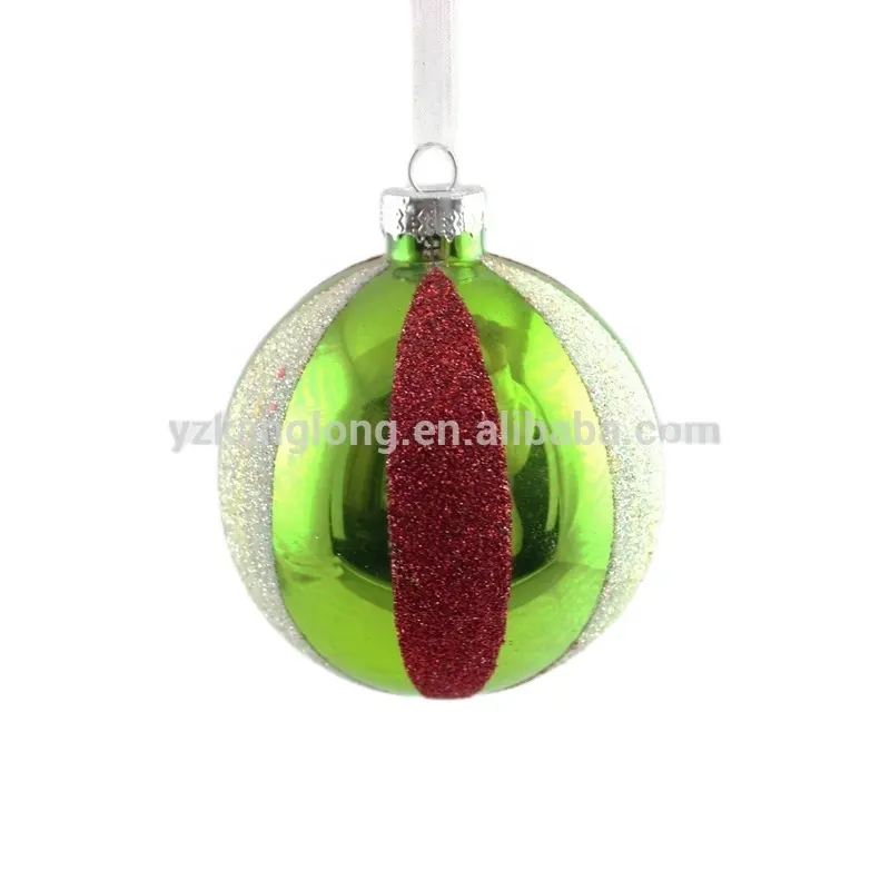 hot sale green handmade christmas glass ball for decoration with red and white pattern for holiday decoration