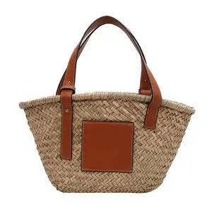 Large Casual Tote Rattan Shoulder Bag Women Bohemia Pu Splicing Straw Bag Palm Basket Summer Beach Luxury Designer Handbags