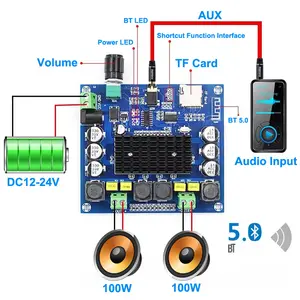 BT 5.0 100W+100W TPA3116 Digital Audio Power Amp HiFi Sound Dual Channel Class D Stereo Aux TF Card Amplifier Board