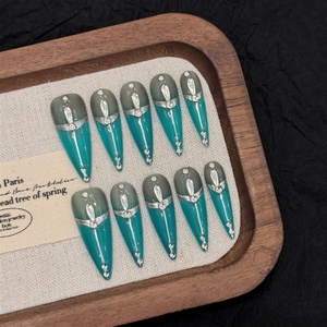 Uñas Postizas Acrílicas Removibles Metálicas Verdes Estilo Y2K, Hechas a Mano, de Alta Calidad, Venta al Por Mayor - Product Image 2