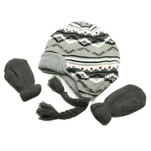 Topi dan sarung tangan musim dingin anak-anak topi beanie penutup telinga rajut akrilik topi bulu domba bergaris anak laki-laki perempuan musim dingin hangat topi tebal desain kustom