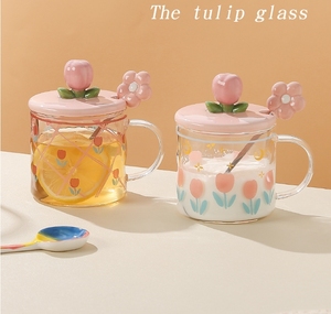 Tazza da caffè in vetro <span class=keywords><strong>tulipano</strong></span> rosa tazza resistente al calore per la colazione latte tazza da tè con coperchio in ceramica cucchiaio in acciaio inossidabile - Product Image 5