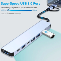 Hub USB-C 7-en-1 en alliage d'aluminium avec ports USB-A, lecteur de cartes MicroSD et SD, design compact pour tablettes et smartphones