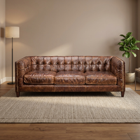 Canapé d'angle trois places en cuir véritable et bois massif, style européen antique et vintage, design industriel traditionnel pour salon