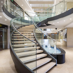 <span class=keywords><strong>Escalier</strong></span> d'entrée large en duplex, intérieur, contemporain, durable, en bois et en acier inoxydable incurvé - Product Image 2