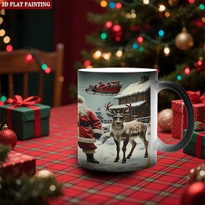 Mug en céramique noir givré 11oz, tasse magique changeant de couleur à la chaleur, design de Noël Père Noël et rennes, peinture plate 2D - Product Image 2