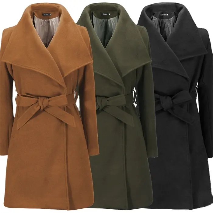 Hot Sale Turn-Down Collar Casual Overcoat Cashmere Women Winter Coat With Belt