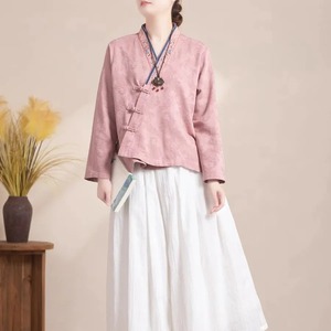 Chinese Style V Neck Embroidered Button Long Sleeve Cardigan Loose Hanfu Top For Women Spring Autumn Casual Wear Pink - Product Image 4